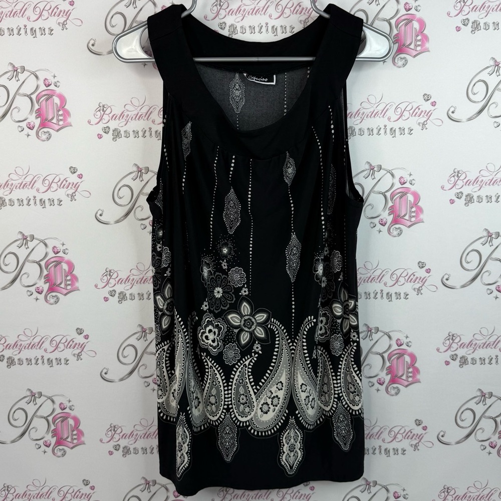 Cafacino tank top boho dotted polka dot Chic Black and White Paisley Tank Top